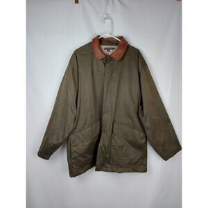 Mckenzie Tribe Mens Olive Green Trench Coat With Brown Leather Collar Trim Sz XL